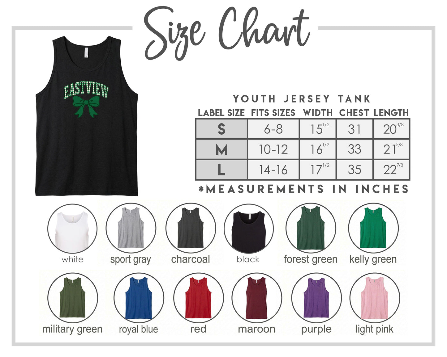 The image is a size chart for a youth jersey tank, displaying various color options and corresponding measurements in inches.