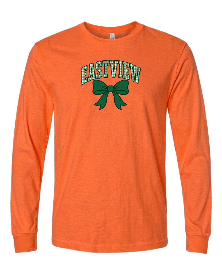 An orange long-sleeved t-shirt with a green bow and the word "EASTVIEW" printed on it.