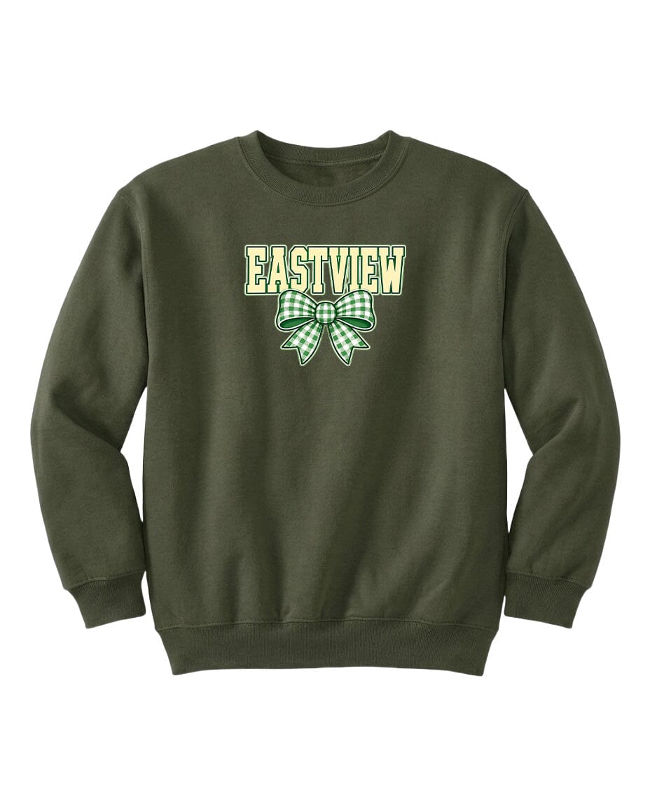 A dark green sweatshirt with a green and white bow on the front.