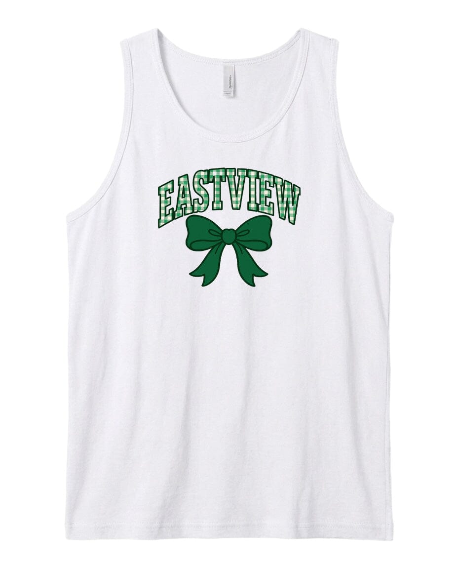 A white tank top with the text "EASTVIEW" and a green bow printed on it.