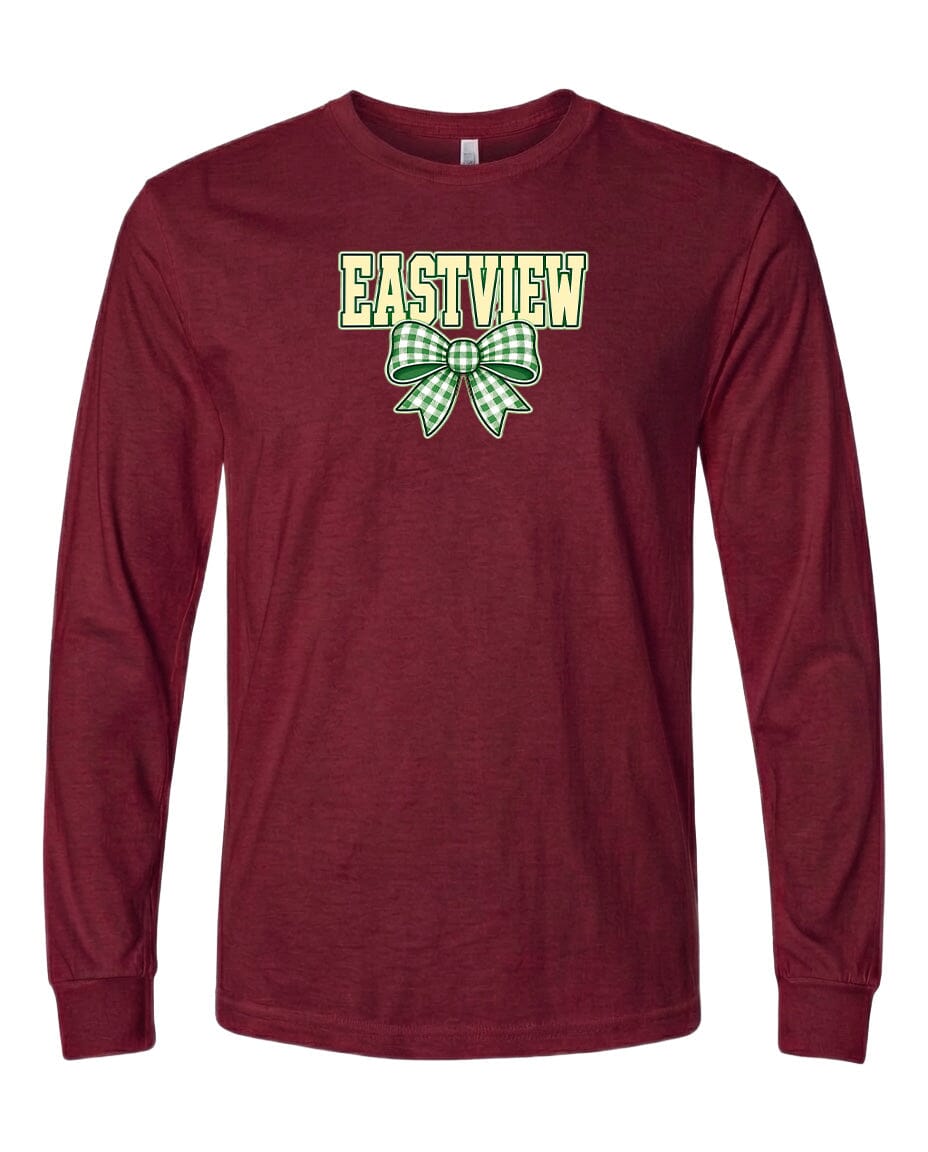 A burgundy long-sleeved t-shirt with a green and white bow graphic and the word "EASTVIEW" printed on it.