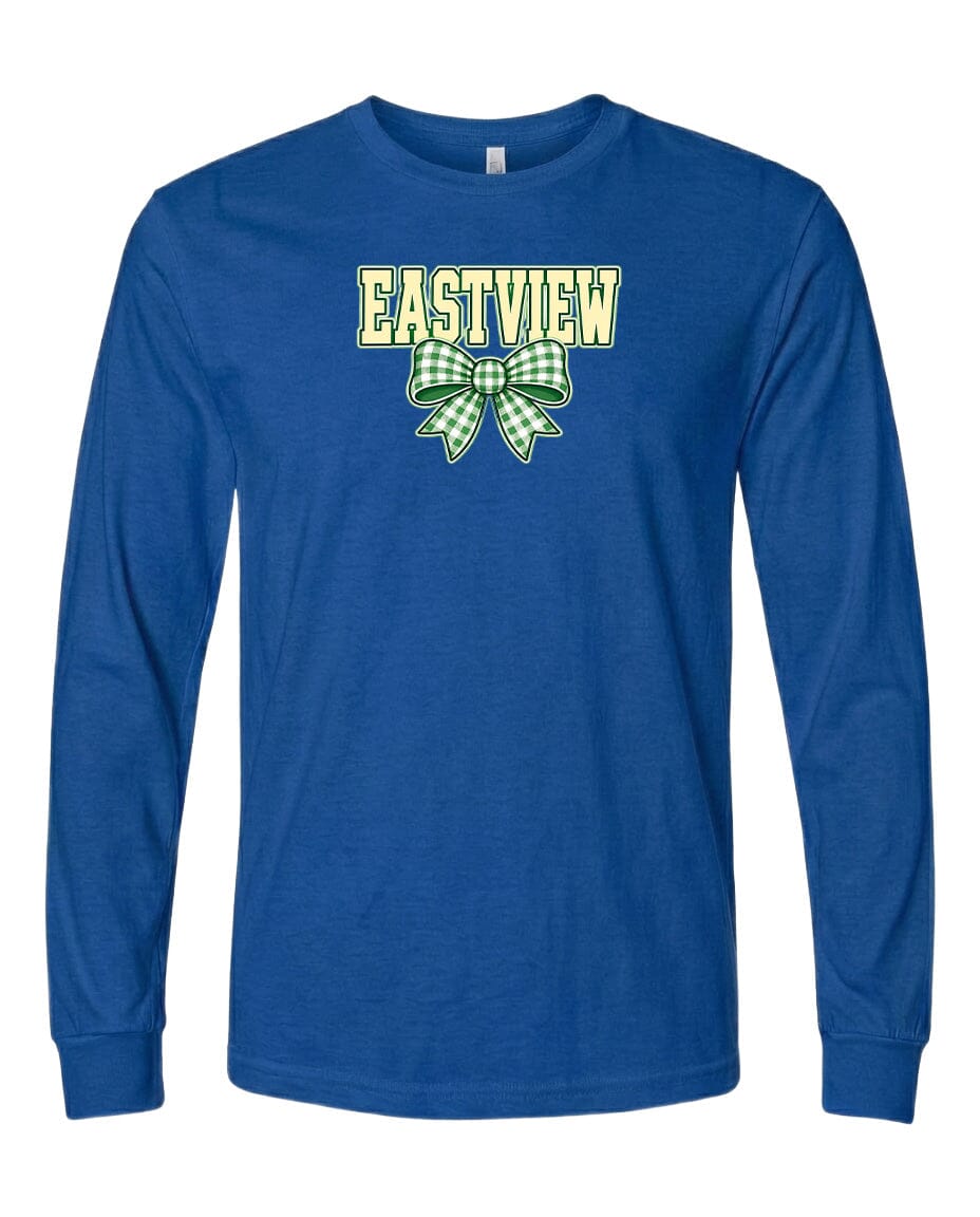 A blue long-sleeved t-shirt with a green and white bow graphic and the word "EASTVIEW" printed on it.