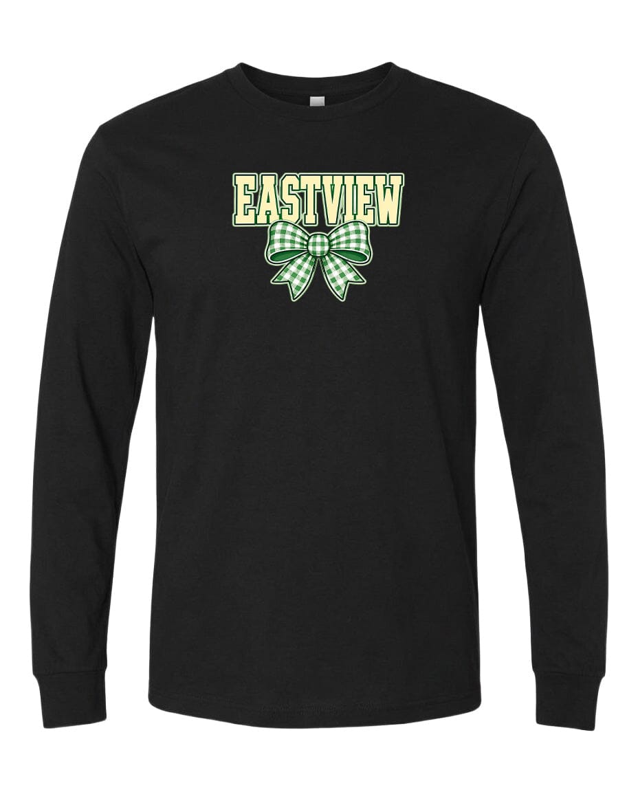 A black long-sleeved t-shirt with a green and white bow design and the word "EASTVIEW" printed on it.