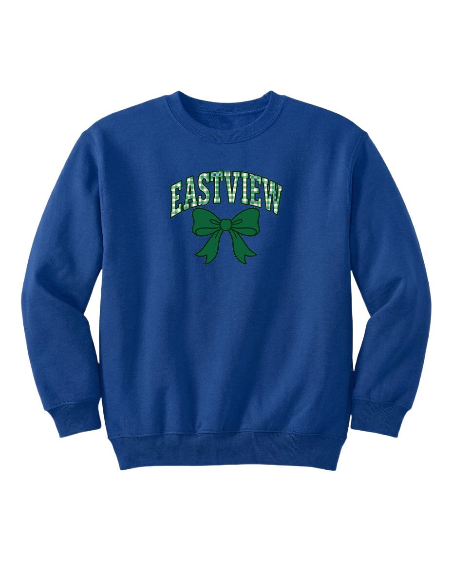 A blue sweatshirt with the text "EASTVIEW" and a green bow graphic printed on it.