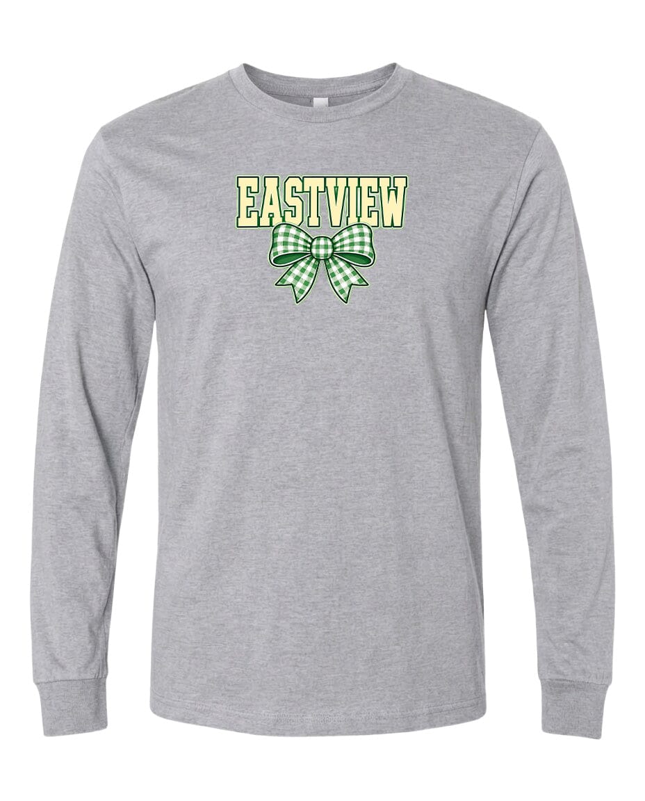 A gray long-sleeved t-shirt with a green and white checkered bow and the word "EASTVIEW" printed on it.