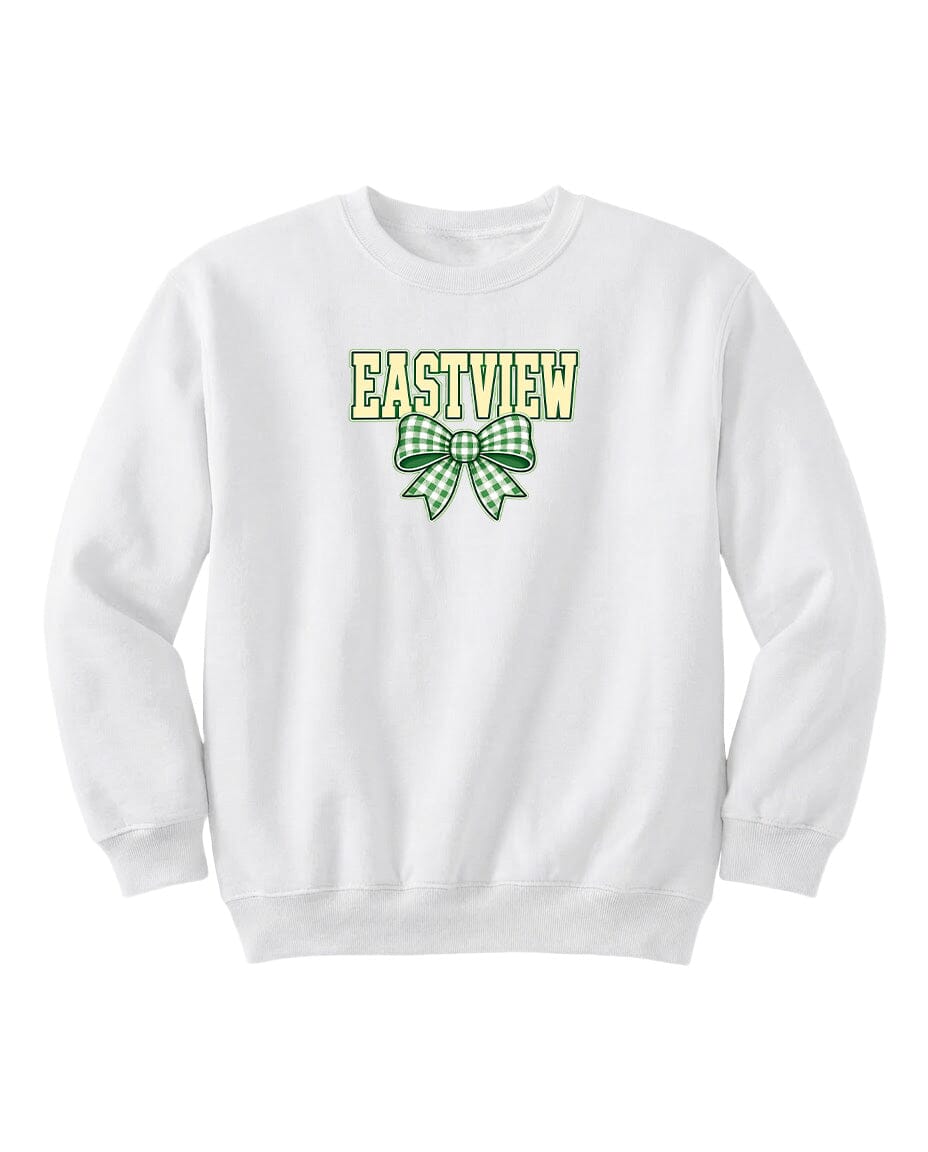 A white sweatshirt with the text "EASTVIEW" and a green bow graphic printed on it.