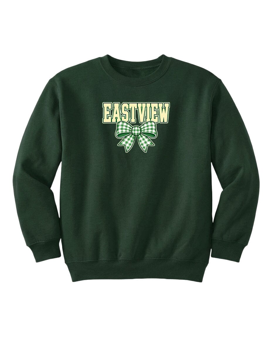 A dark green sweatshirt with a large green bow and the word "EASTVIEW" printed on it.