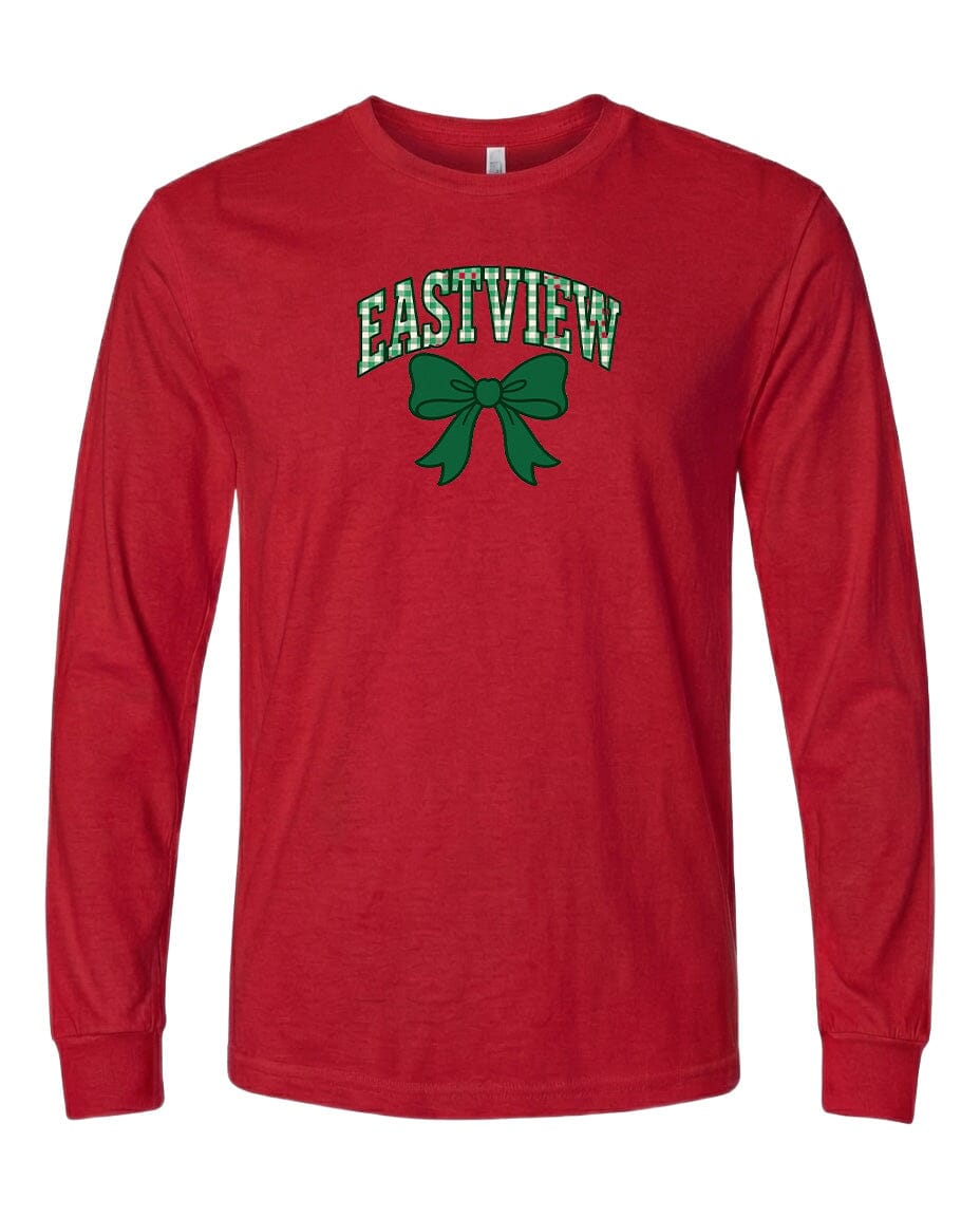 A red long-sleeved t-shirt with a green bow and the word "EASTVIEW" printed on it.