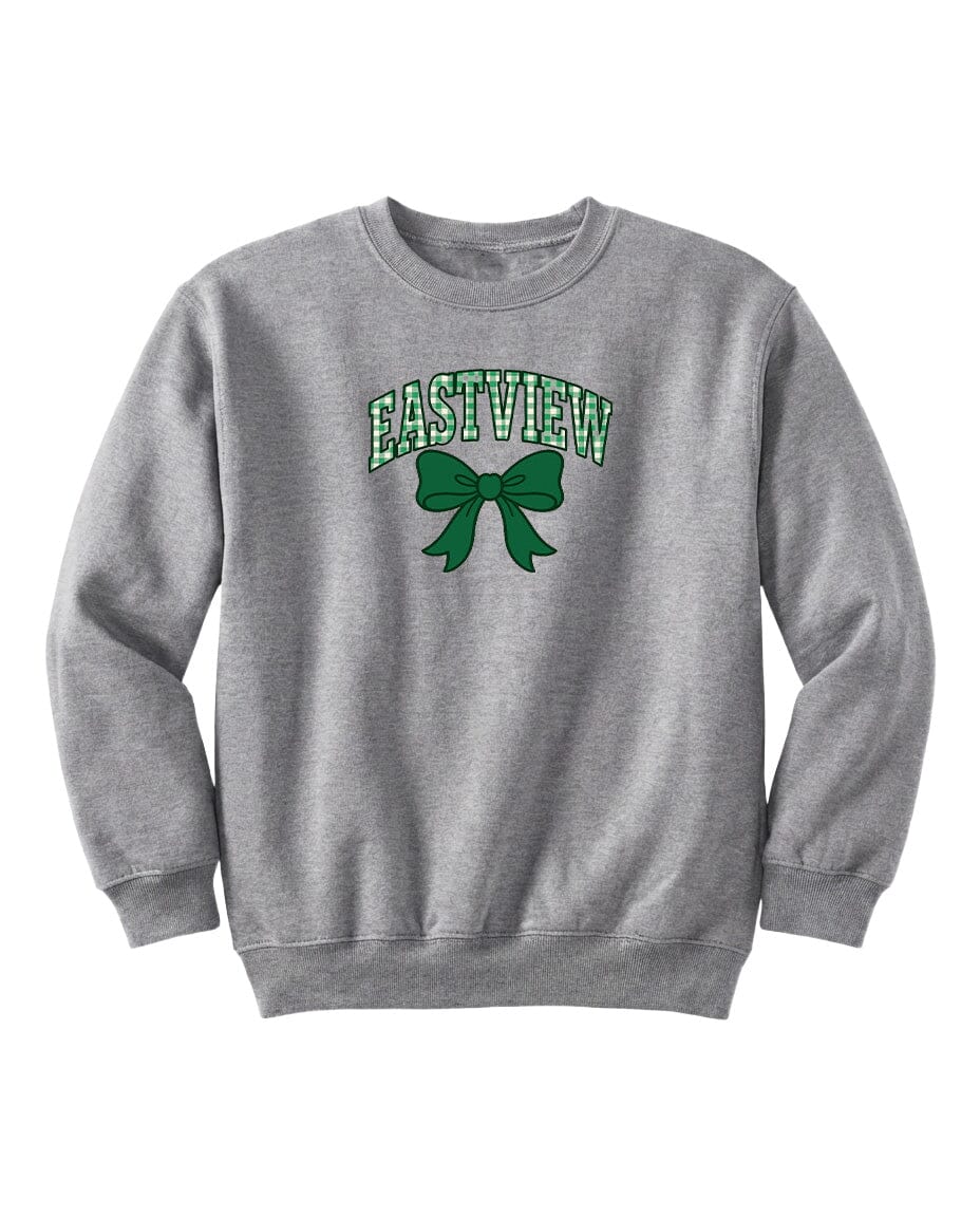 A gray sweatshirt with the text "EASTVIEW" and a green bow graphic printed on it.