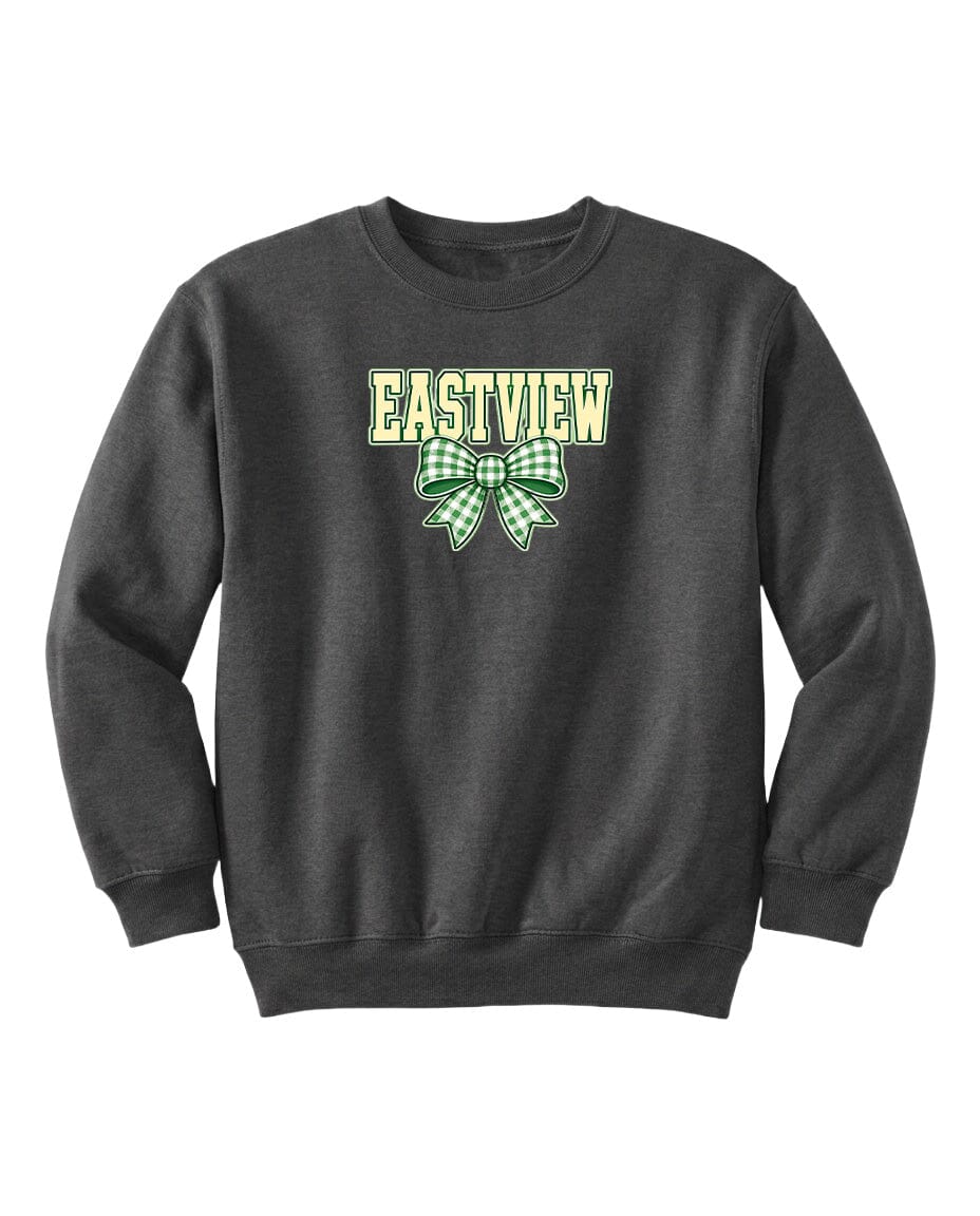 A gray sweatshirt with the word "EASTVIEW" and a green bow printed on it.