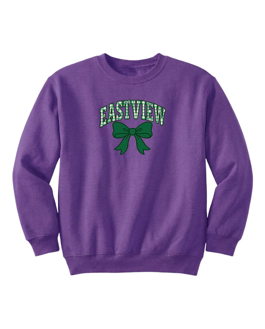A purple sweatshirt with the text "EASTVIEW" and a green bow graphic printed on it.
