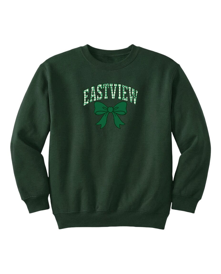 A dark green sweatshirt with the text "EASTVIEW" and a green bow graphic printed on it.