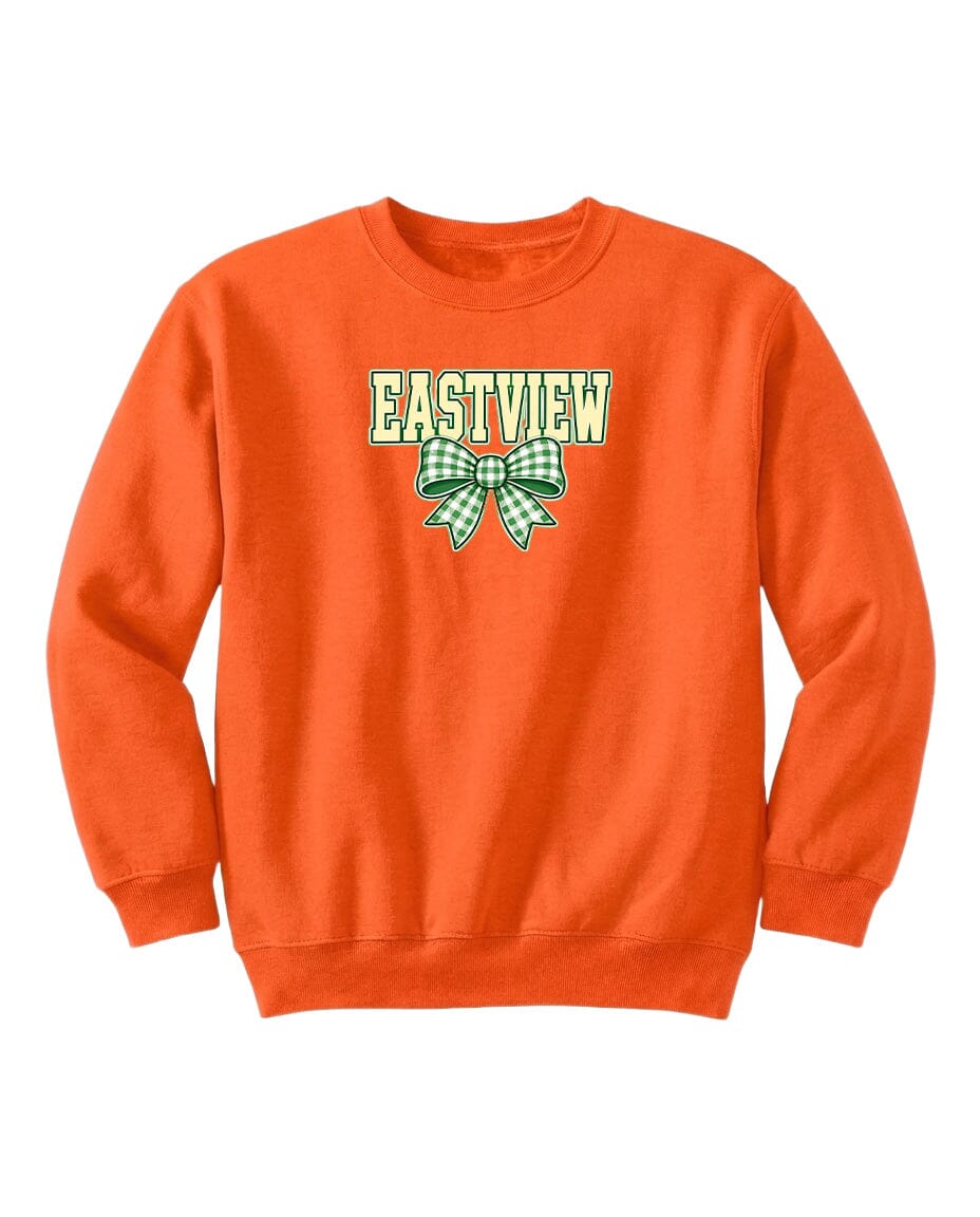 An orange sweatshirt with the text "EASTVIEW" and a green bow on the front.