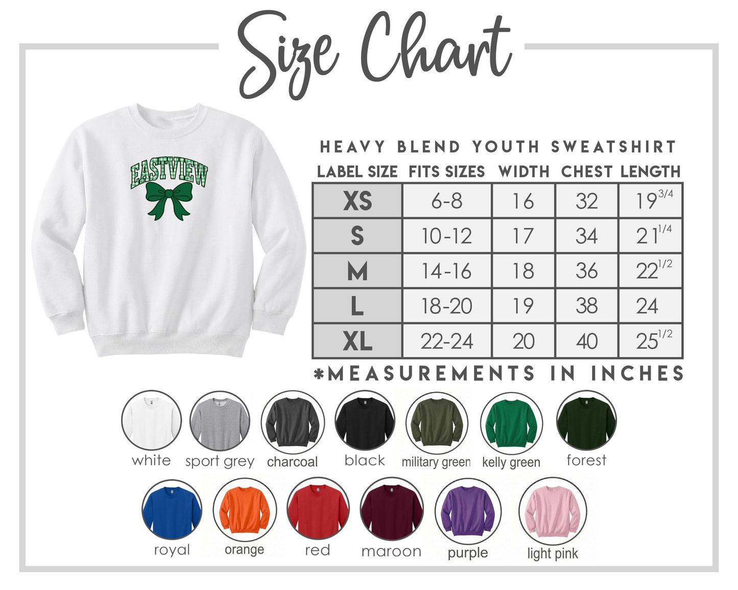 The image is a size chart for a heavy blend youth sweatshirt, including various color options and corresponding measurements in inches.