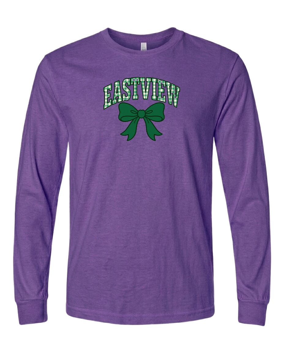 A purple long-sleeved t-shirt with a green bow and the text "EASTVIEW" printed on it.