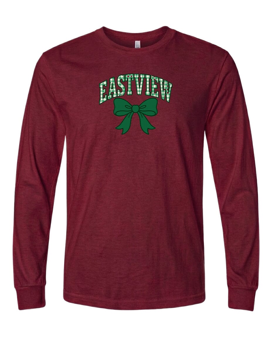 A burgundy long-sleeved t-shirt with a green bow and the word "EASTVIEW" printed on it.