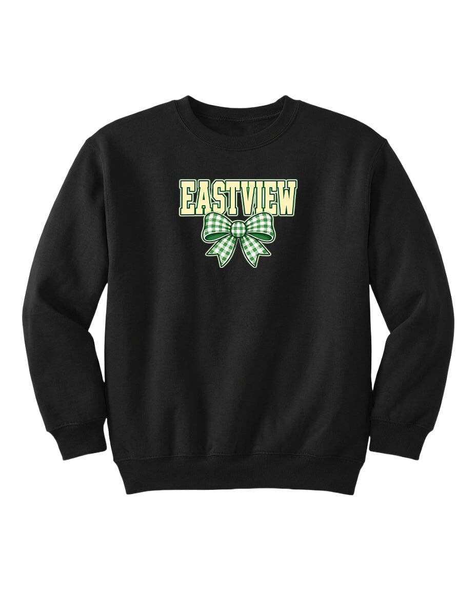 A black sweatshirt with a green and white bow on the front.