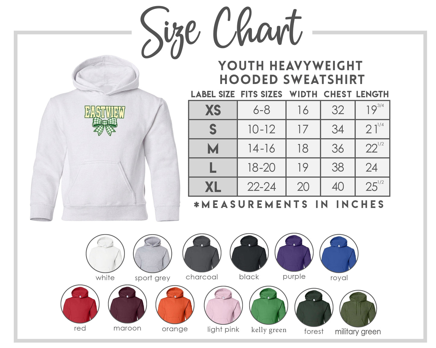 The image is a size chart for a youth heavyweight hooded sweatshirt, providing measurements for different age groups and sizes.