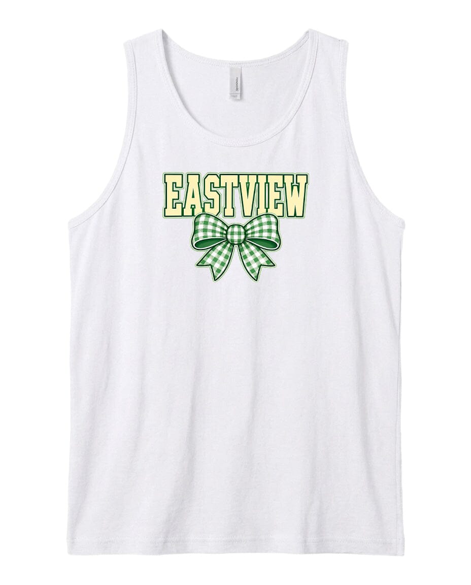 A white tank top with the text "EASTVIEW" and a green and white bow graphic printed on it.