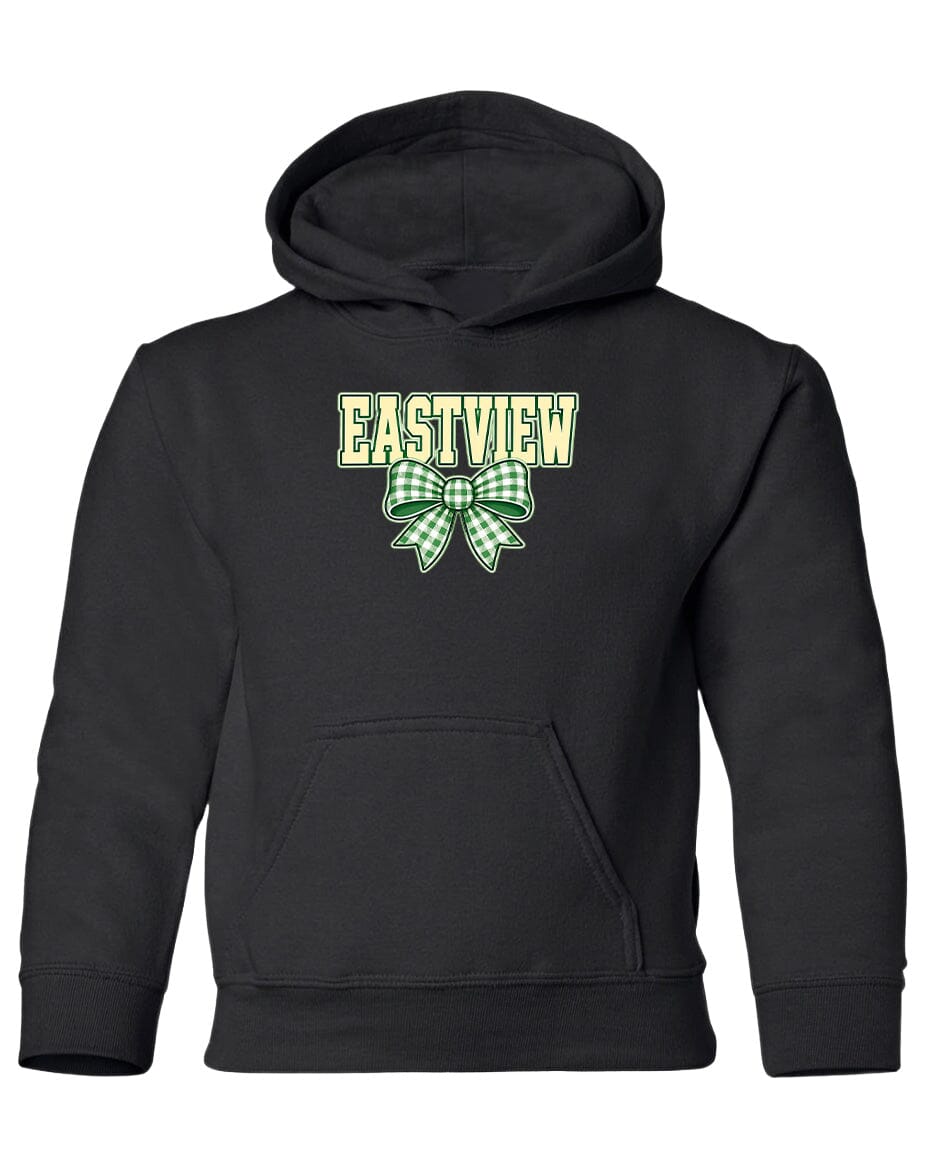 A black hoodie with a green and white bow on the front.