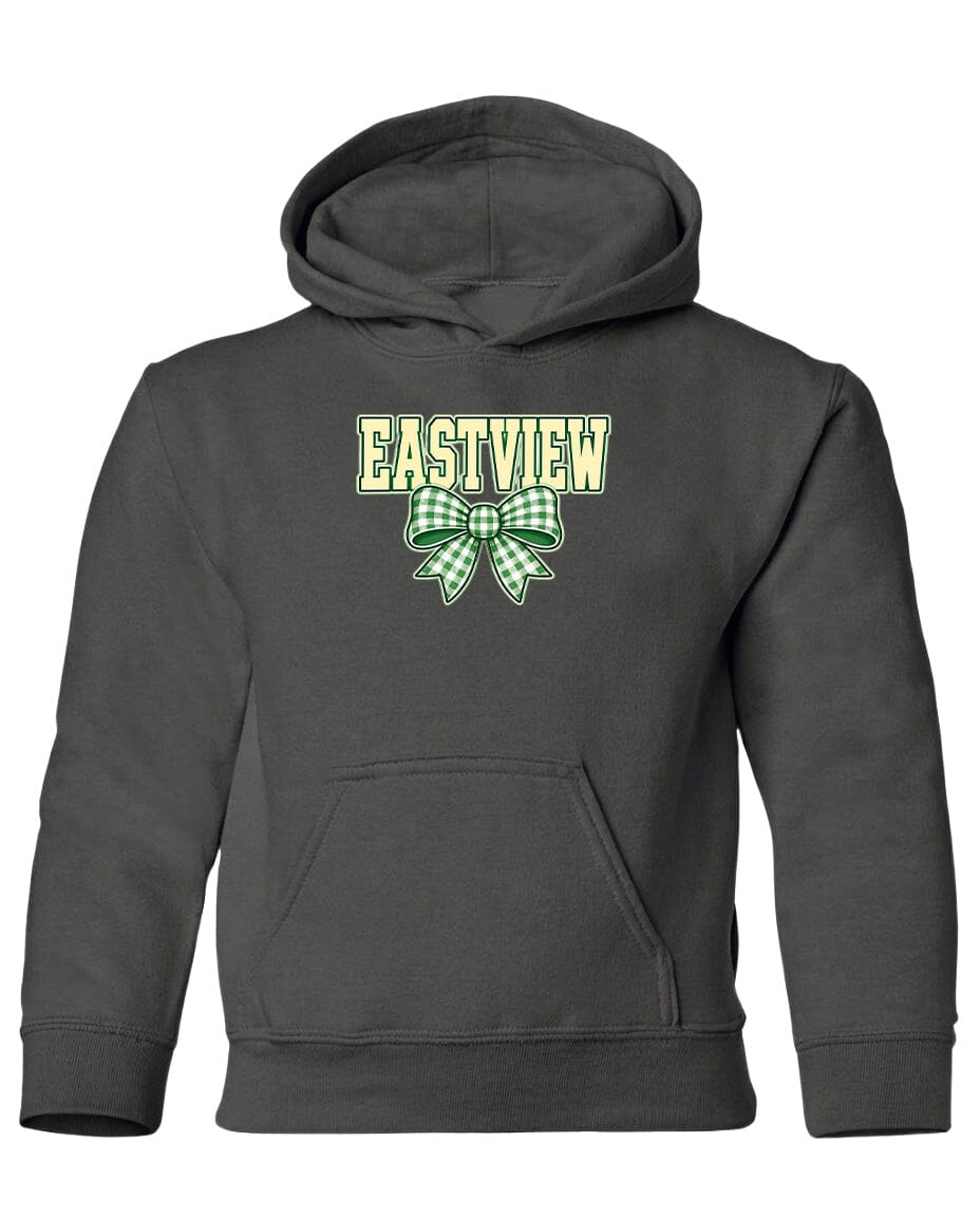 A gray hoodie with a green and white bow on the front.
