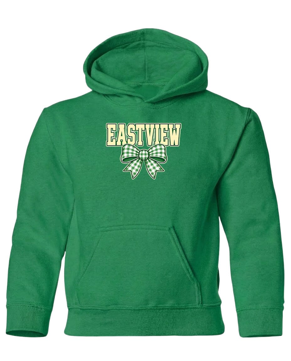 A green hoodie with a bow on the front and the word "EASTVIEW" printed on it.