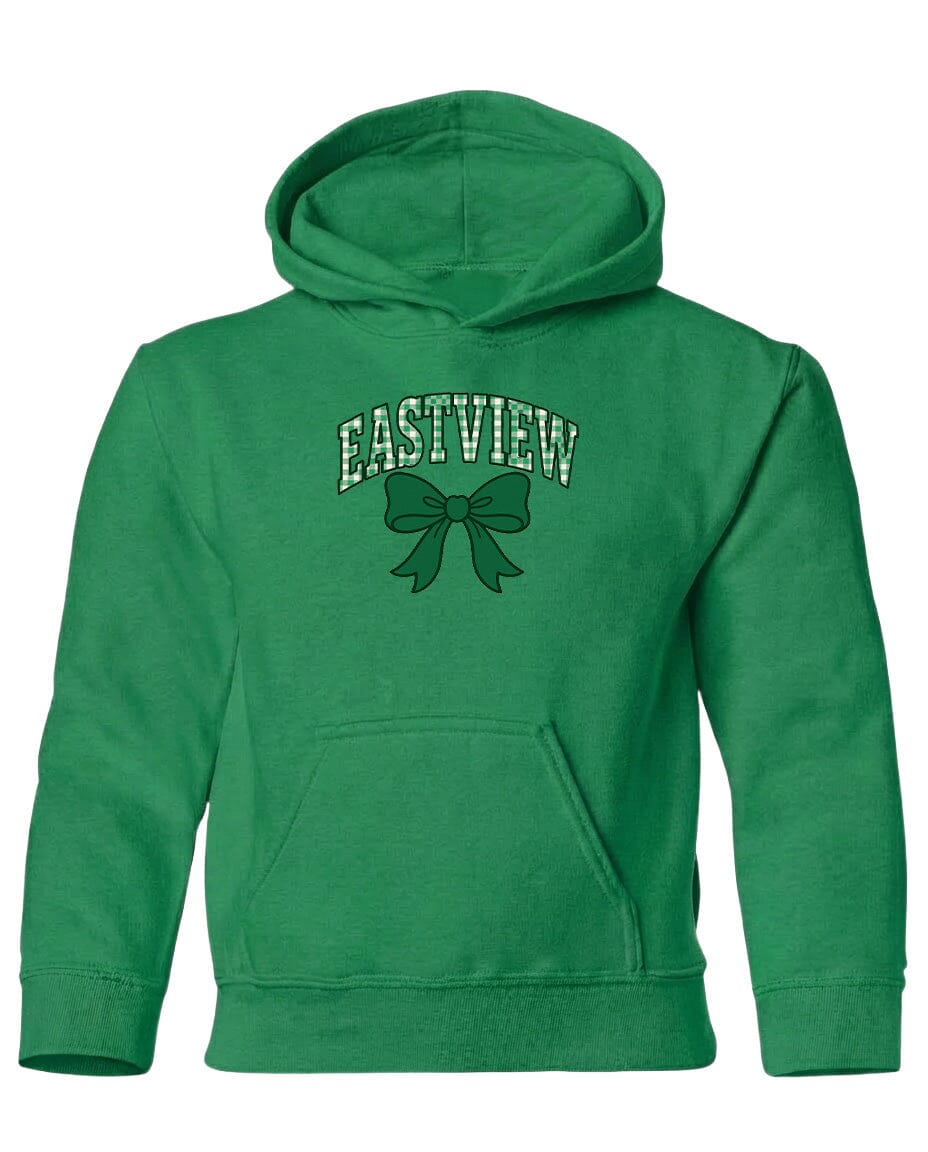 A green hoodie with the word "EASTVIEW" printed on it, along with a bow graphic.