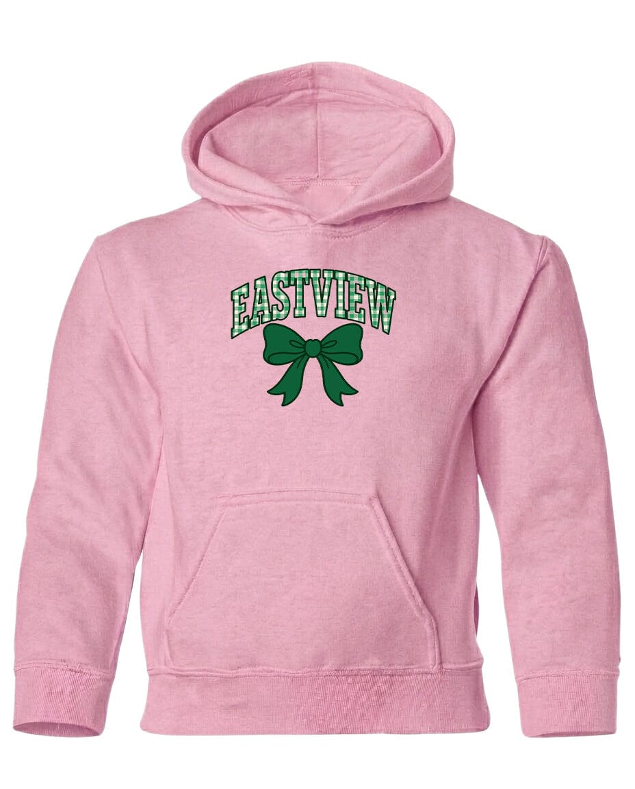 A pink hoodie with a green bow and the word "EASTVIEW" printed on it.