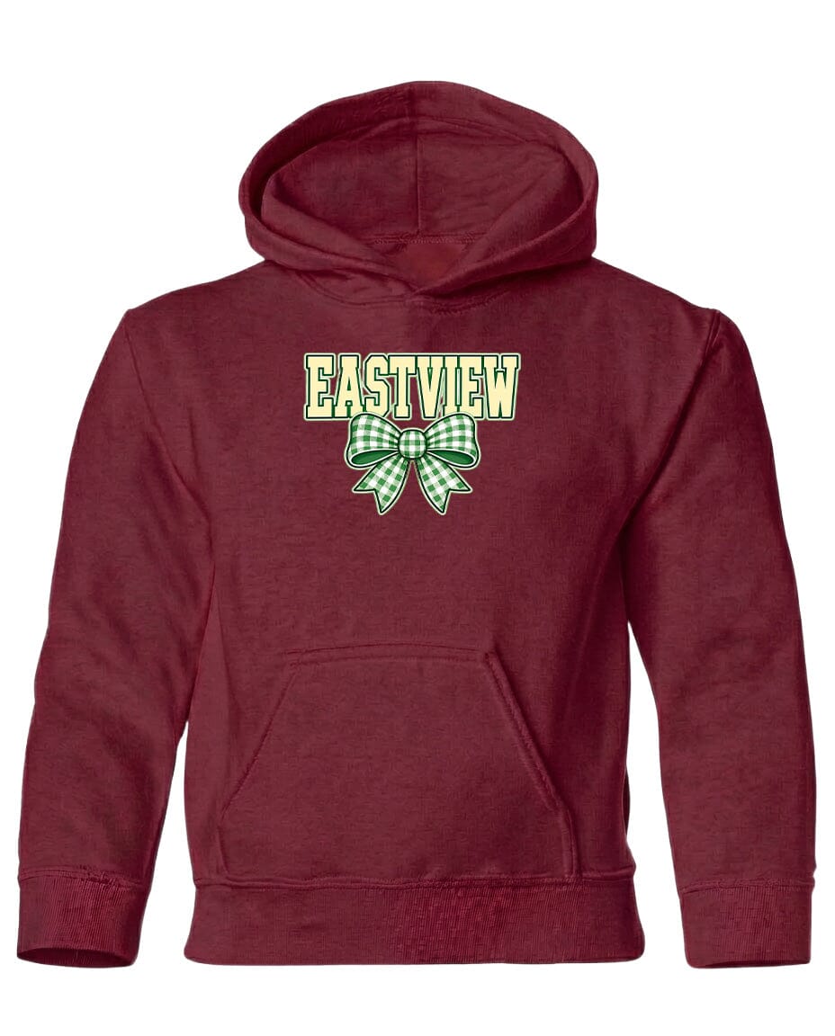 A maroon hoodie with a green and white bow on the front.