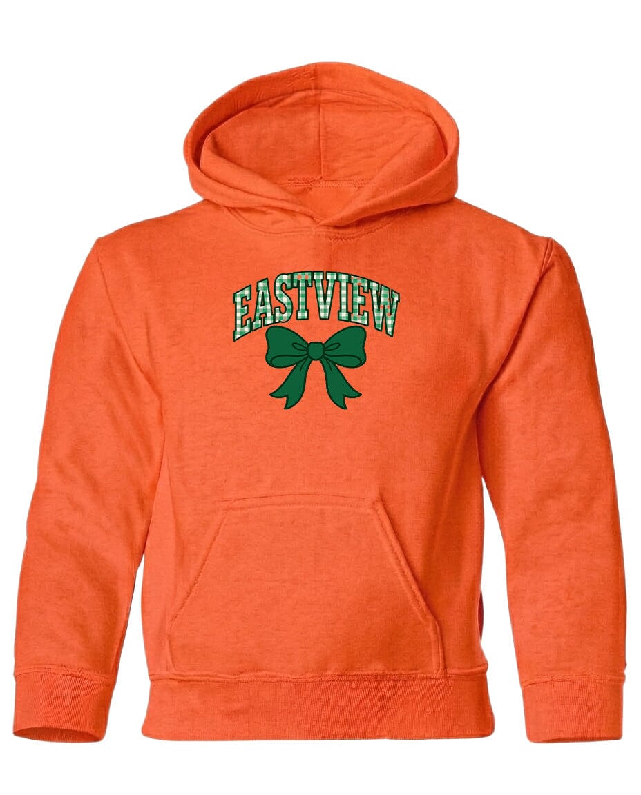 An orange hoodie with a green bow and the text "EASTVIEW" printed on it.