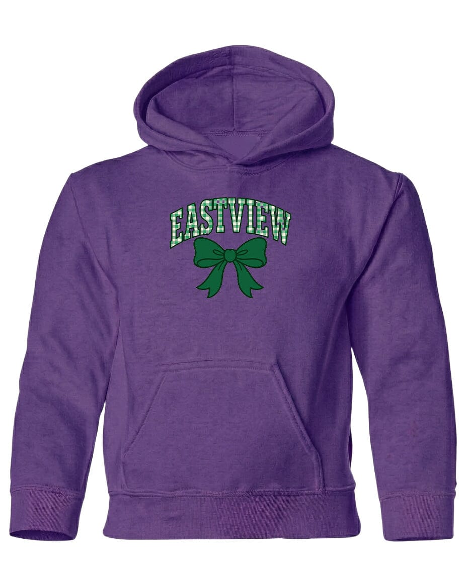 A purple hoodie with a green bow and the text "EASTVIEW" printed on it.