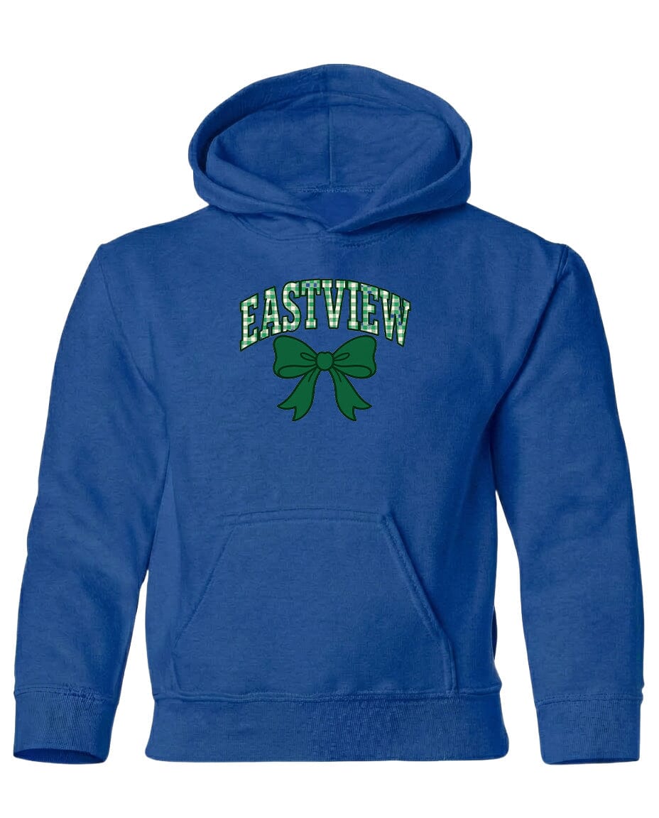 A blue hoodie with a green bow and the text "EASTVIEW" printed on it.