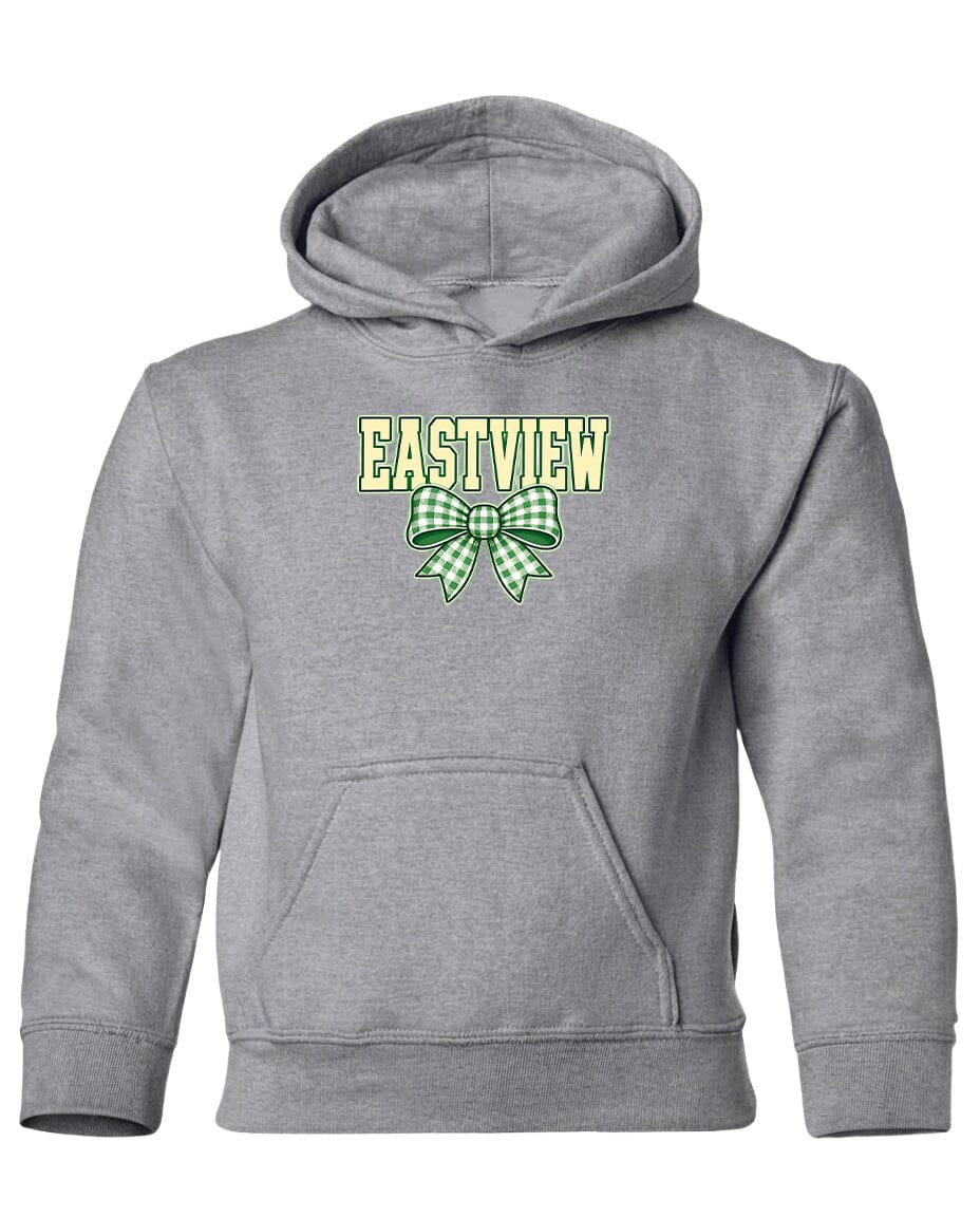 A gray hoodie with a green and white bow on the front.