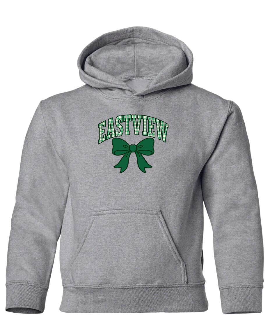 A gray hoodie with a green bow and the text "EASTVIEW" printed on it.