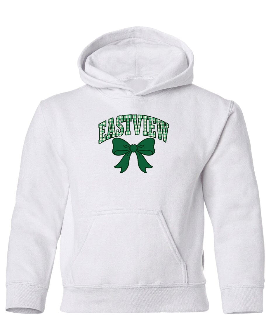 A white hoodie with a green bow and the word "EASTVIEW" printed on it.
