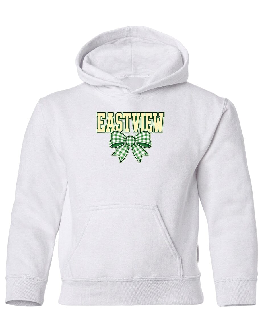 A white hoodie with a green and white bow on the front.
