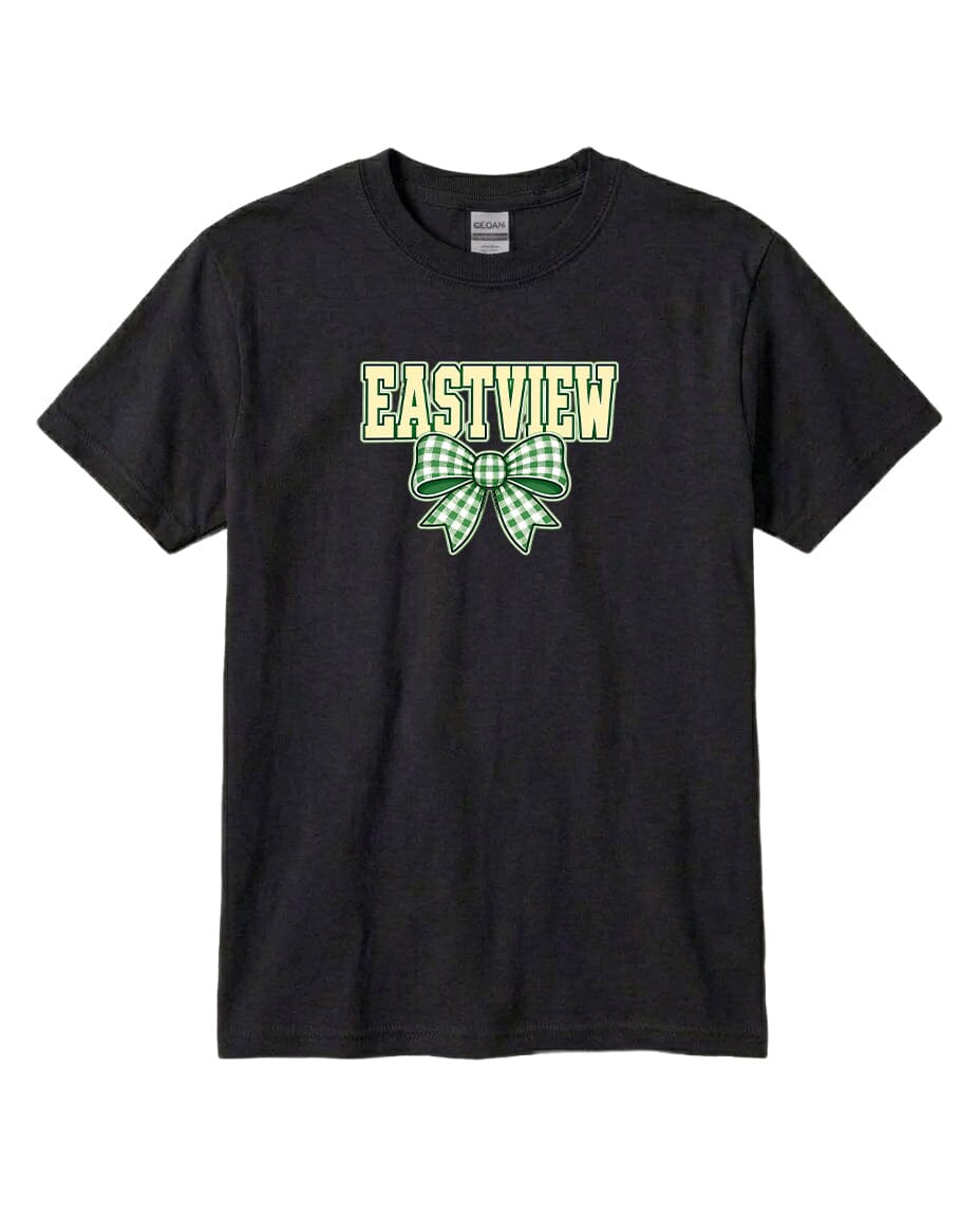 A black t-shirt with a green and white bow graphic and the word "EASTVIEW" printed on it.