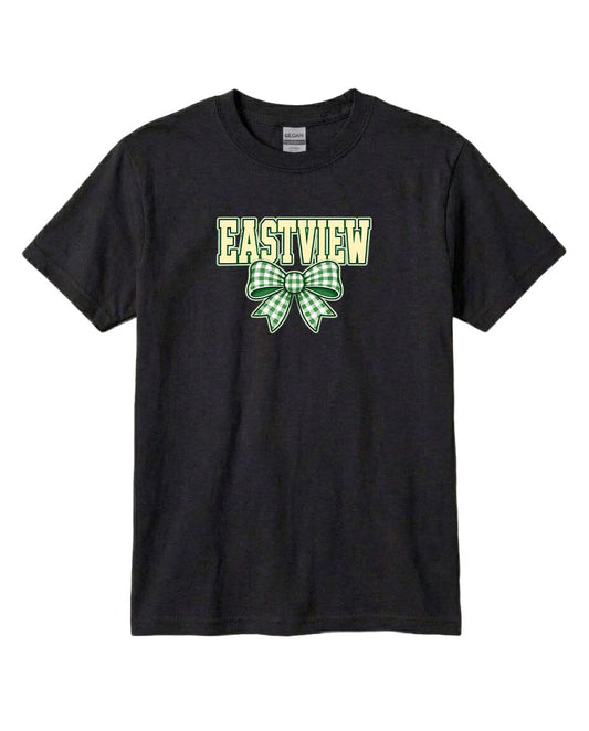 A black t-shirt with a green and white bow graphic and the word "EASTVIEW" printed on it.