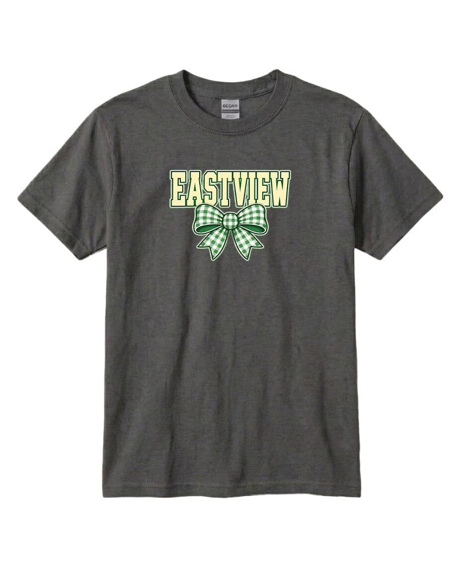 A gray t-shirt with a green and white bow graphic and the word "EASTVIEW" printed on it.