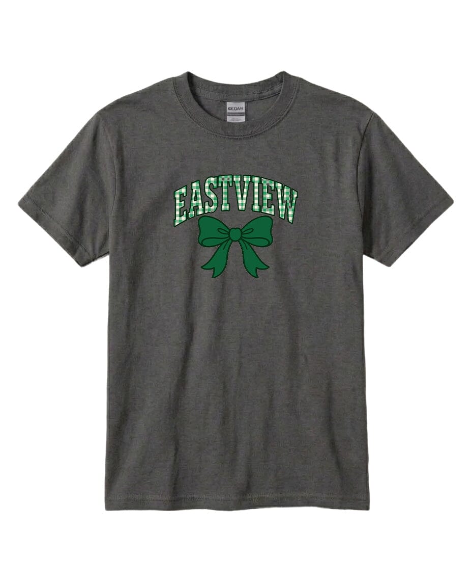 A gray t-shirt with a green bow and the word "EASTVIEW" printed on it.