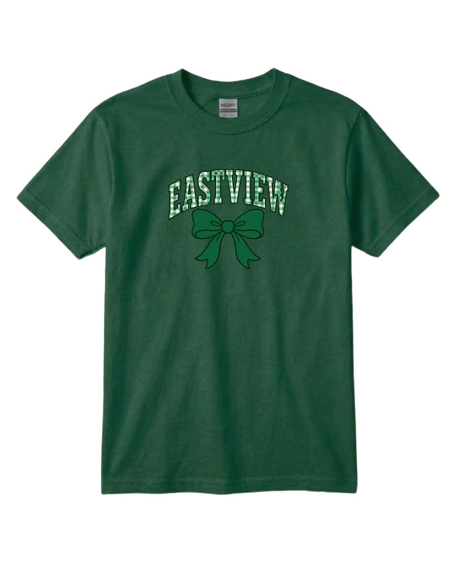A green t-shirt with the text "EASTVIEW" and a bow graphic printed on it.
