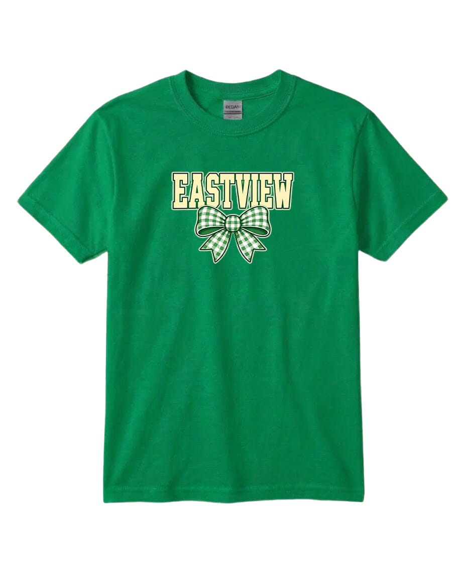 A green t-shirt with the word "EASTVIEW" printed on it, along with a bow graphic.