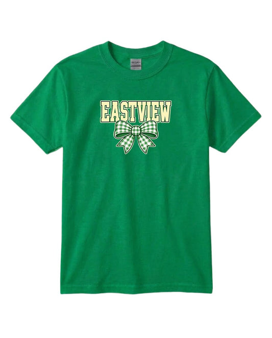 A green t-shirt with the word "EASTVIEW" printed on it, along with a bow graphic.