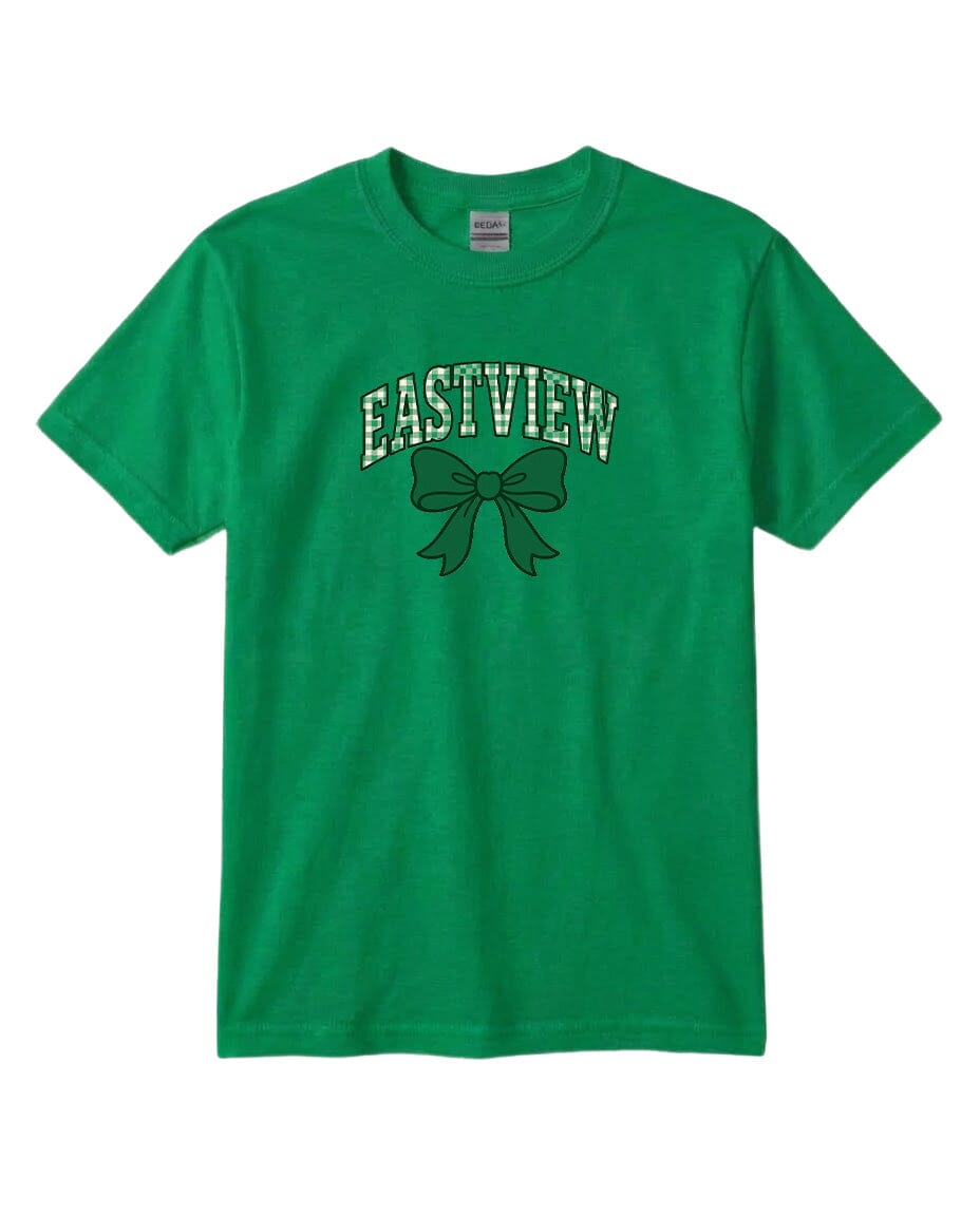 A green t-shirt with the text "EASTVIEW" and a bow graphic printed on it.