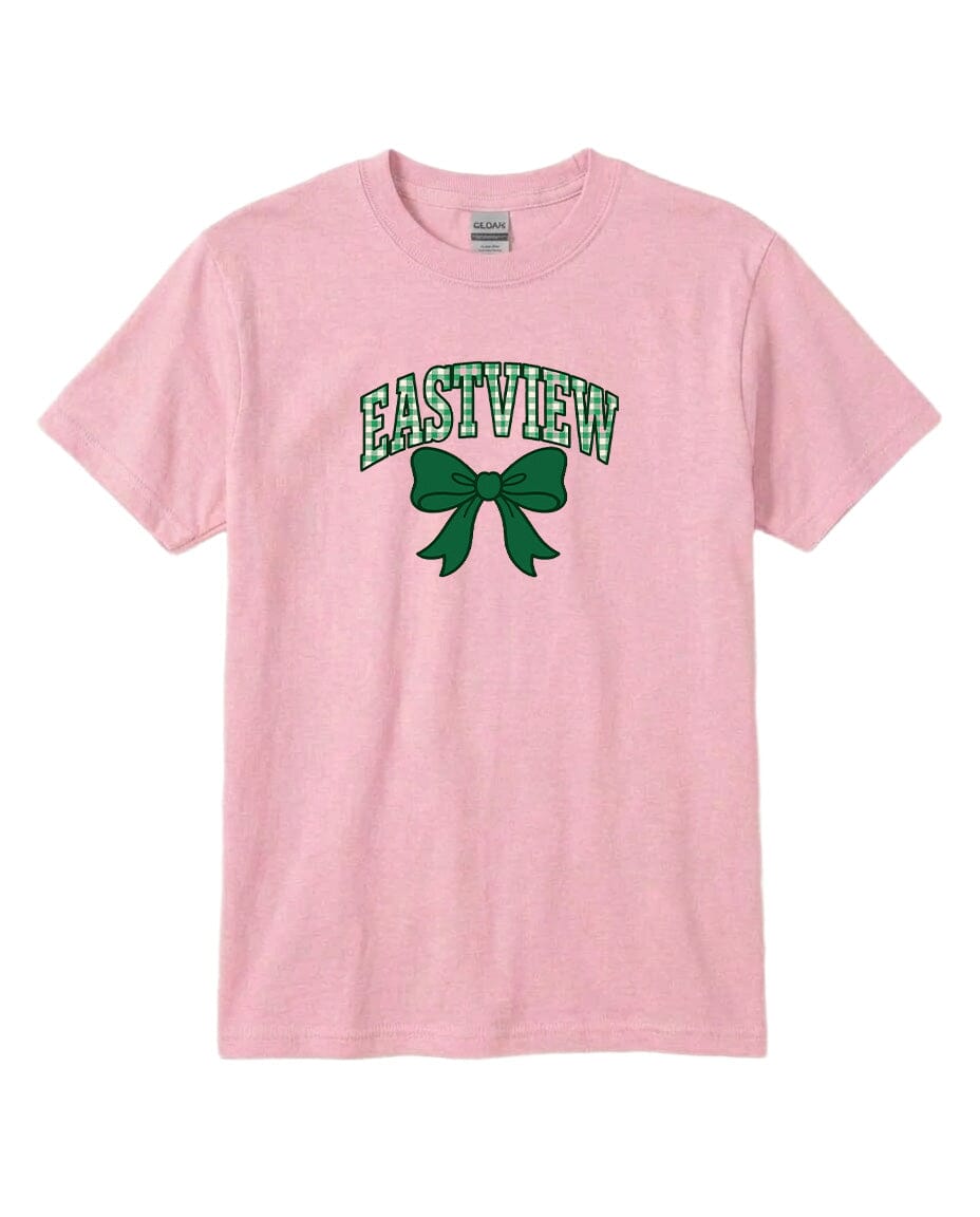 A pink t-shirt with the text "EASTVIEW" and a green bow graphic printed on it.