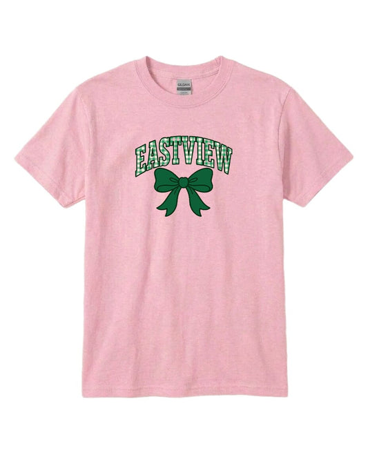 A pink t-shirt with the text "EASTVIEW" and a green bow graphic printed on it.