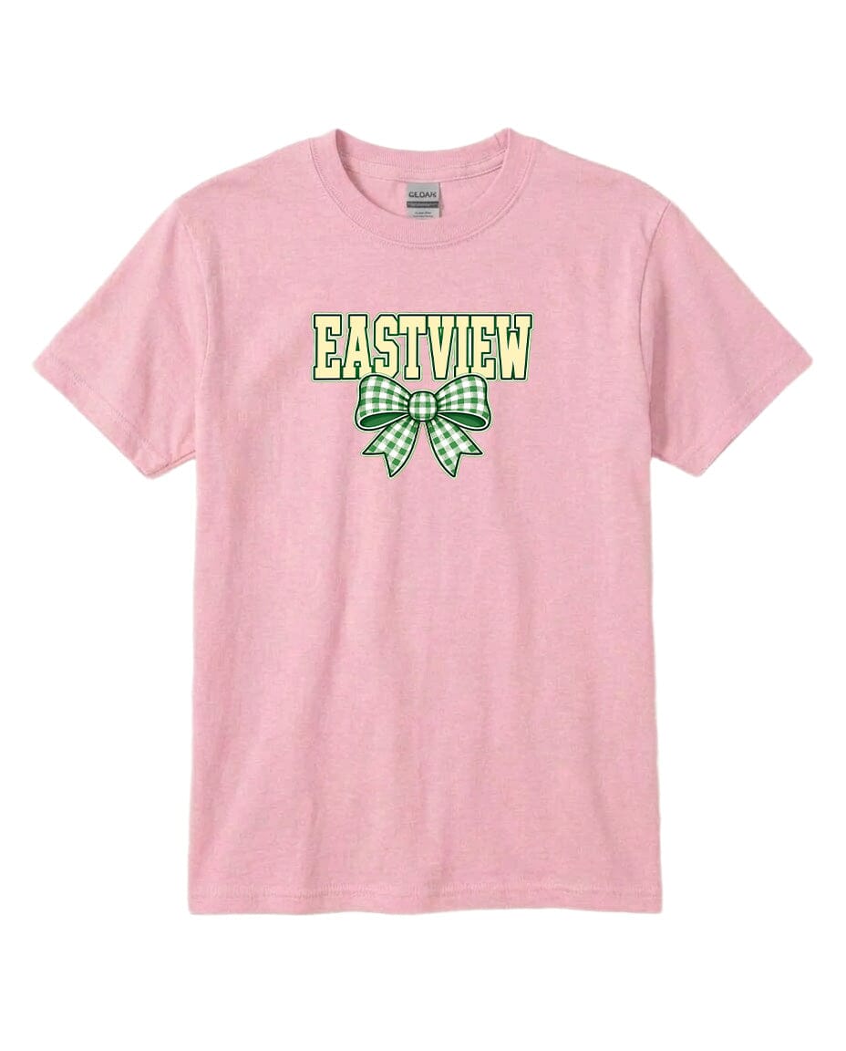 A pink t-shirt with a green and white bow graphic and the word "EASTVIEW" printed on it.