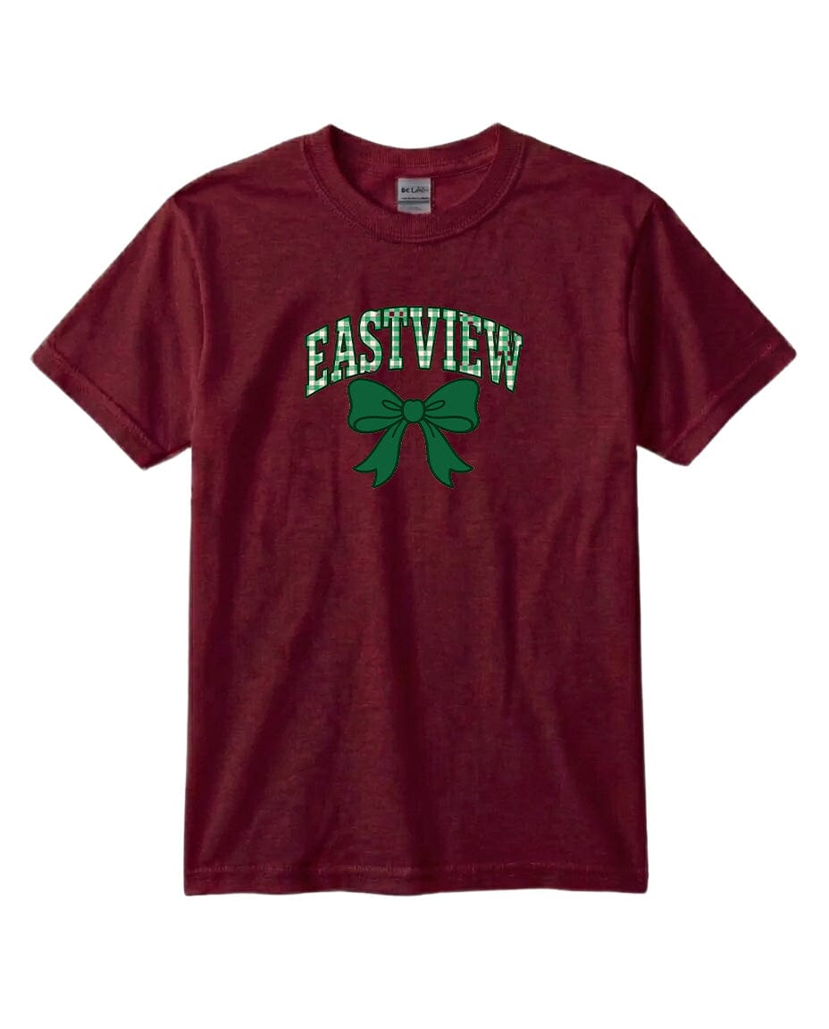 A burgundy-colored t-shirt with a green bow and the word "EASTVIEW" printed on it.
