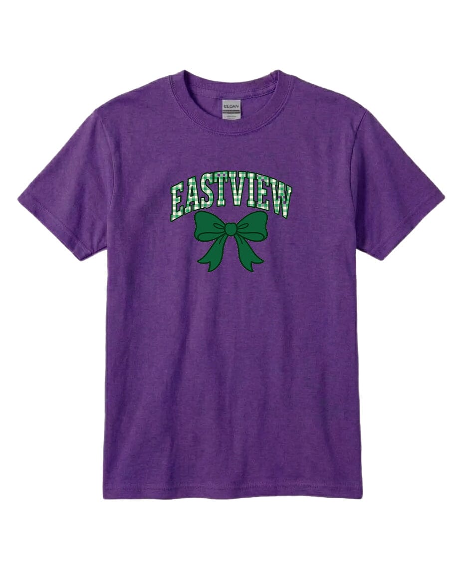 A purple t-shirt with a graphic design featuring a green bow and the text "EASTVIEW" printed on it.