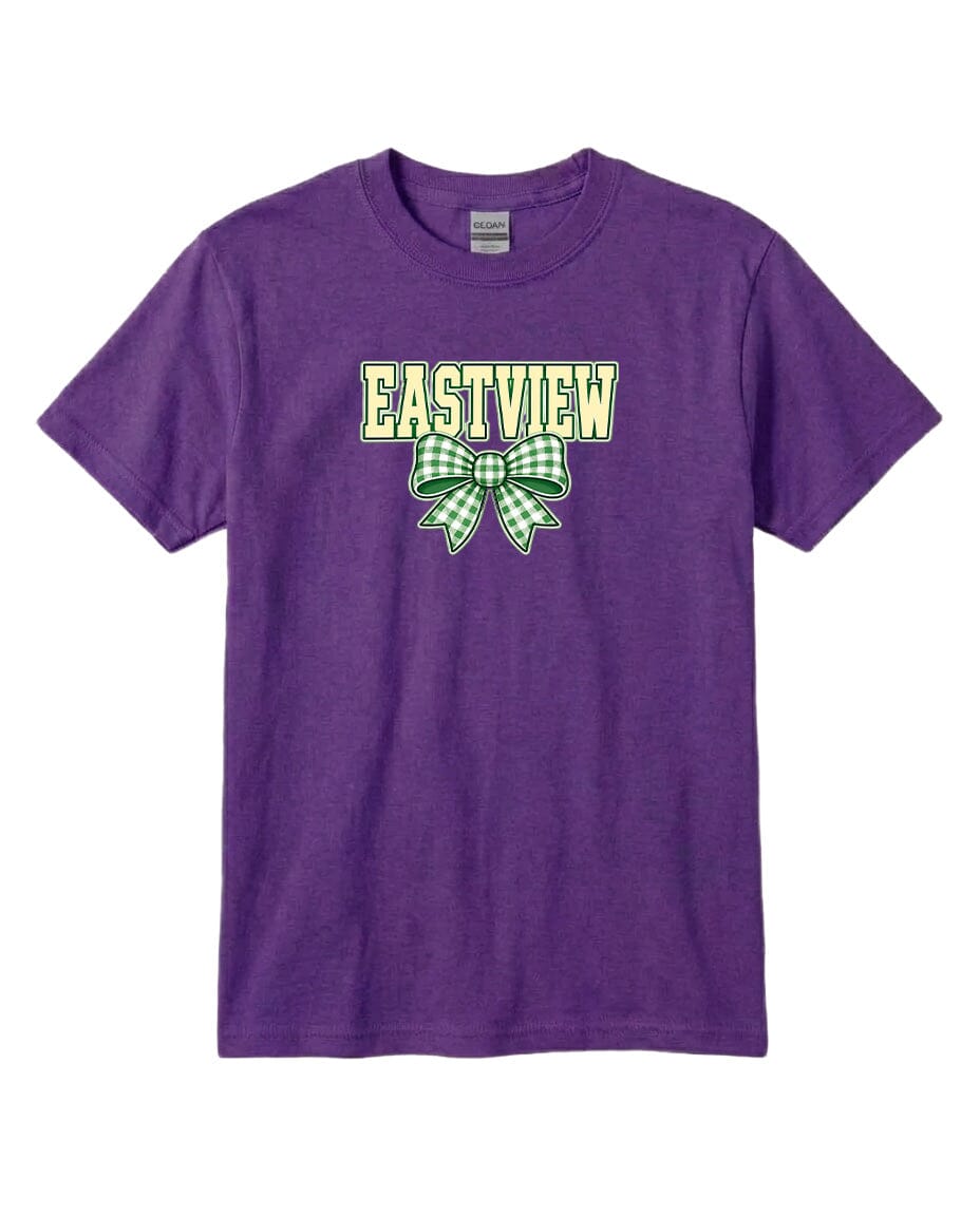 A purple t-shirt with the text "EASTVIEW" and a bow graphic printed on it.